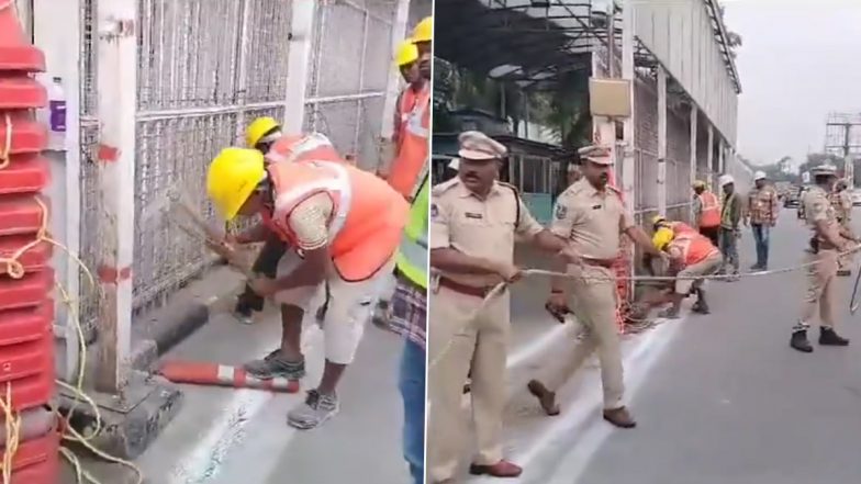 New Telangana CM Revanth Reddy Fulfills First Promise, Takes Down Iron Barricades in Front of Chief Minister’s Office in Hyderabad (Watch Video)