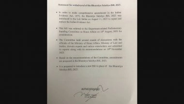 Criminal Law Bills 2023 Withdrawn: Govt Withdraws Bharatiya Nyaya Sanhita Bill, Bharatiya Nagarik Suraksha Sanhita Bill and Bharatiya Sakshya Bill