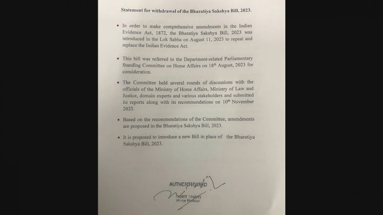 Criminal Law Bills 2023 Withdrawn: Govt Withdraws Bharatiya Nyaya Sanhita Bill, Bharatiya Nagarik Suraksha Sanhita Bill and Bharatiya Sakshya Bill