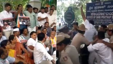 Lok Sabha Security Breach: Congress Workers Stage Protest Outside BJP MP Pratap Simha's office in Karnataka's Mysuru, Detained (Watch Video)