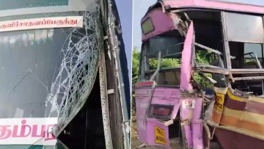 Tamil Nadu Bus Accident: 10 People Injured After Two Buses Collide in Cuddalore (Watch Video)