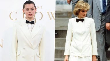 Emma Corrin Stuns in Princess Diana-Inspired Suit and Bowtie Attire at the Crown Premiere (View Pics)