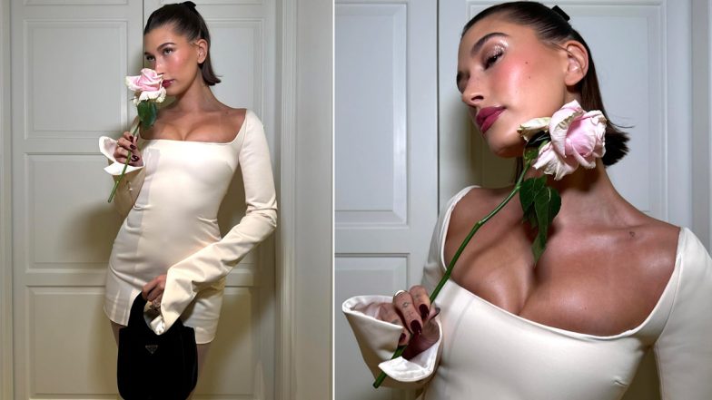 Hailey Bieber Embraces Christmas Season in a Stunning White Short Dress With Matching Pantyhose, Statement Black Heels and Glossy Lips (View Pics)