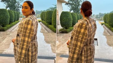 Disha Parmar Keeps It Chic in a Monochrome Plaid Winter Coat With Gold Hoops (View Pics)
