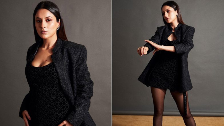 Lady in Black! Shehnaaz Gill Slays in All-Black Ensemble Featuring a Blazer Jacket and Short Dress With Sheer Tights – See Pics