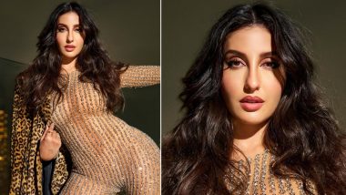 Nora Fatehi Is an Absolute Slay in a Sparkly Nude Bodycon Outfit and Animal Printed Jacket (View Pics)