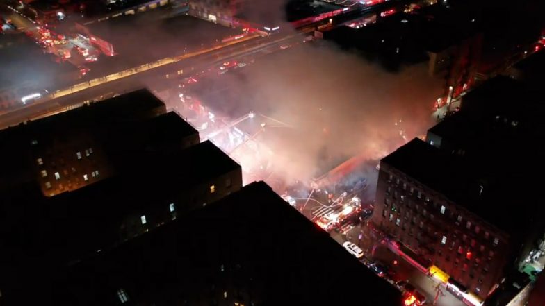 New York Fire: Five-Alarm Blaze Engulfs Seven Stores, Destroys Multiple Businesses in Bronx (Watch Video)