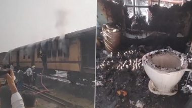 Maharashtra Train Fire: Blaze Erupts in Empty Van Coach Stationed in Nanded, Video Shows Plumes of Smoke Emerging