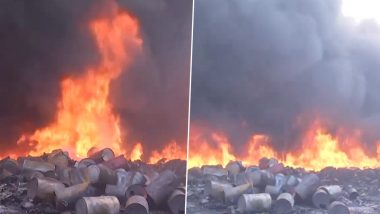 Madhya Pradesh Fire: Massive Blaze Erupts at Plastic Factory Godown in Gwalior’s Bara Village (Watch Video)