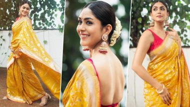 Mrunal Thakur’s Beautiful ‘Laddu Peela’ Saree Is Your Ultimate Pick for the Wedding Season! (View Pics)