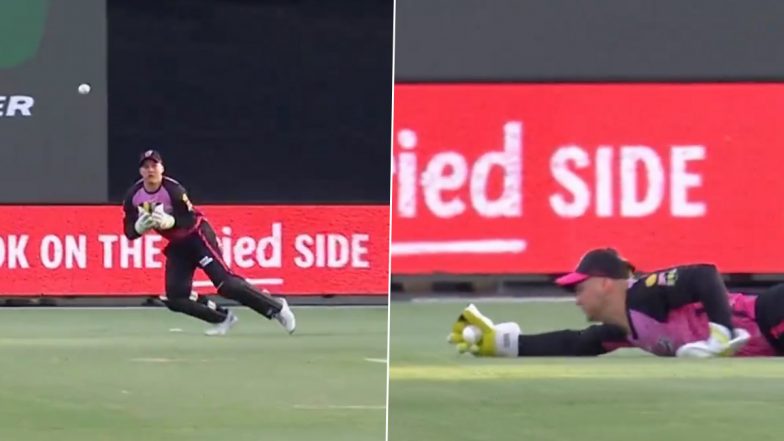 Josh Philippe Takes Sensational Catch to Dismiss Ben McDermott During Sydney Sixers vs Hobart Hurricanes BBL 2023-24 Match (Watch Video)