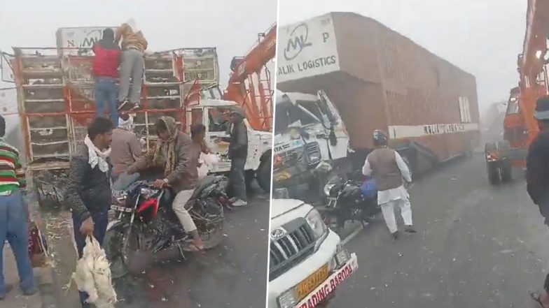 Uttar Pradesh: Lorry Carrying Poultry Meets With Accident Due to Dense Fog in Agra, Commuters Rush to Steal Chicken After Mishap (Watch Video)