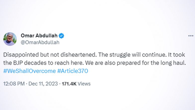 'Disappointed but Not Disheartened': National Conference Leader Omar Abdullah on Supreme Court’s Judgement on Article 370