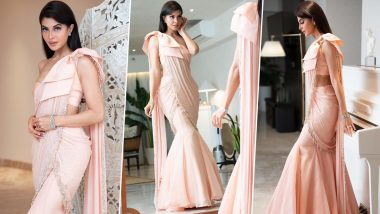 Jacqueline Fernandez Redefines Elegance in a Dreamy Peach Saree With an Oversized Bow Twist (View Pics)