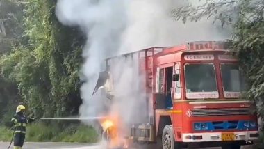 Tamil Nadu Truck Fire Video: Blaze Engulfs Vehicle Carrying Empty LPG Cylinders Near Mettupalayam (Watch Video)