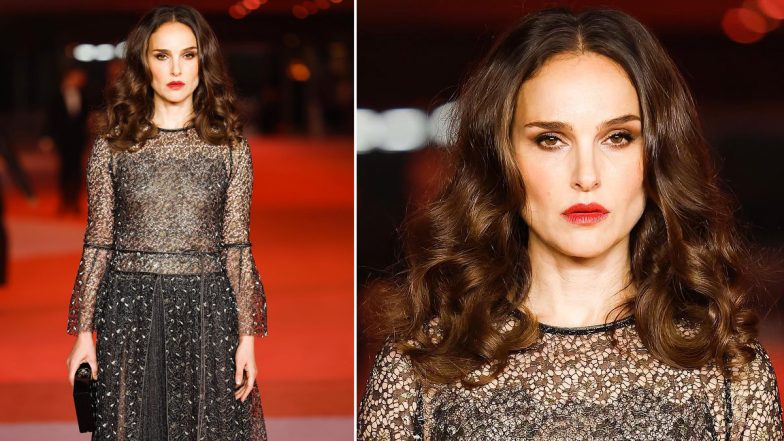 Natalie Portman Redefines Glamour in a Black Embellished Dress With a Sheer Bodice, Statement Clutch, and Bright Red Lipstick (View Pics)