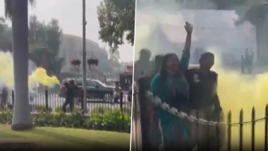 Parliament Security Breach: Two Detained For Protesting Outside Parliament Carrying Cans That Emitted Yellowish Smoke, Security Beefed Up In Area (Watch Video)