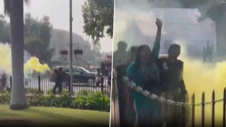 Lok Sabha Security Breach: Delhi Police Detains Man, Woman Protesting With Colour Smoke Canisters Outside Parliament (Watch Videos)