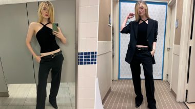 Elle Fanning Showcases Svelte Figure in Chic All-Black Ensemble, Featuring Oversized Blazer and Halter Crop Top – See Pics!