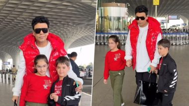 Karan Johar Twins With Kids Yash and Roohi in Red As They Jet Off for Christmas Vacation (Watch Video)
