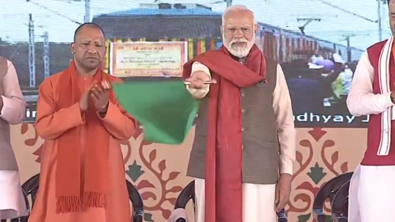 PM Narendra Modi Flags Off Four Trains in Varanasi During Vikas Bharat Sankalp Yatra (Watch Video)