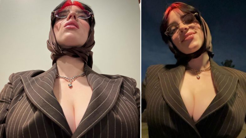 Billie Eilish Stuns in Sultry Selfies, Flaunting Cleavage in Chic Striped Blazer and Bold Accessories (View Pics)