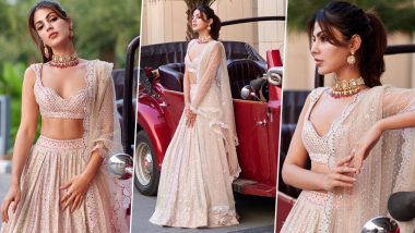Rhea Chakraborty Dazzles in Peach Applique Lehenga, Sultry Bustier, Scalloped Dupatta, and Ethnic Jewellery (View Pics)