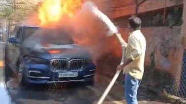 BMW Catches Fire in Hyderabad: Luxury Car Gutted in Fire Near Mint Compound, Video Surfaces