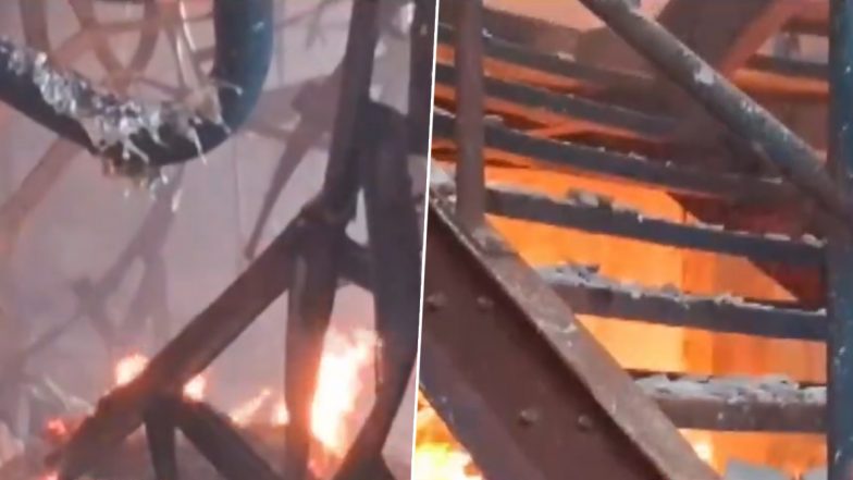 West Bengal Fire Videos: Massive Blaze Engulfs Paper Mill in Howrah's Ranihati, Firefighting Operations Underway