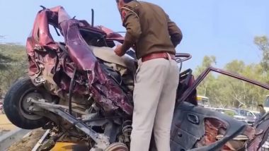 Rajasthan Road Accident: Car Crushed Between Two Trucks in Sikar; Three Killed and Many Injured (Watch Video)