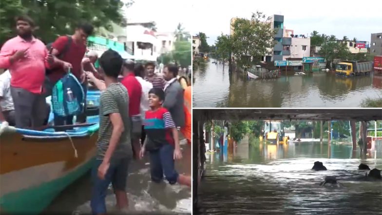 Tamil Nadu Rains: People Use Boats As Flood-Like Situation Persists in Several Areas of State Following Heavy Rainfall Triggered by Cyclone Michaung (Watch Video)