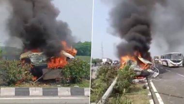 Telangana Road Accident Video: One Dead, Two Injured After Car Hits Divider and Catches Fire on Penuganchiprolu Mandal Mundlapadu Road