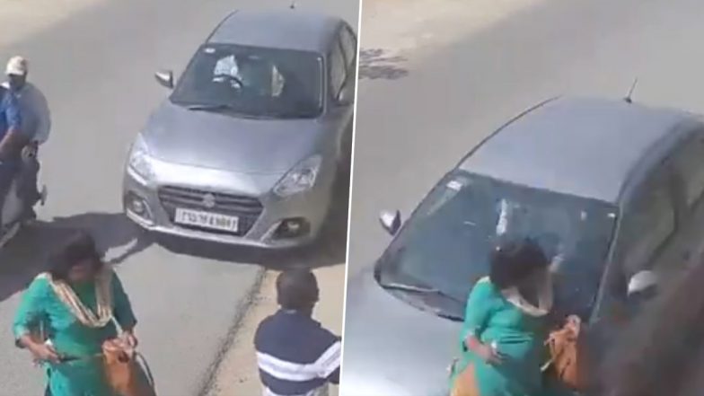 Telangana Hit and Run: Woman Dies on Spot After CI’s Son Allegedly Runs Her Over by Car in Kazipet’s Hanumakonda; Disturbing Video Surfaces