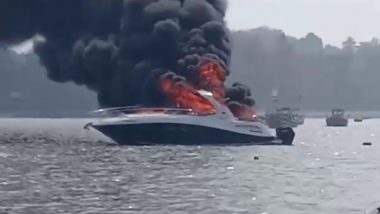 Maharashtra Yatch Fire: Private Luxury Yacht Belvedere Catches Fire at Mandwa Anchorage off Gateway of India, One Critically Scalded (Watch Video)
