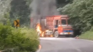 Tamil Nadu Fire Video: Lorry Carrying Empty LPG Cylinders Goes Up in Flames Near Baraliyar in Nilgiris District