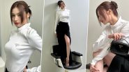 TWICE Sana’s Monochrome Magic! KPOP Idol Stuns in a White Turtleneck Top and Black Fitted Skirt Featuring a Thigh High Slit (View Pics)