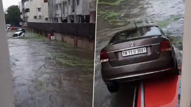 Tamil Nadu Rains: Several Vehicles Get Washed Away As Heavy Rainfall Triggered by Cyclone Michaung Causes Waterlogging in Parts of Chennai (Watch Video)