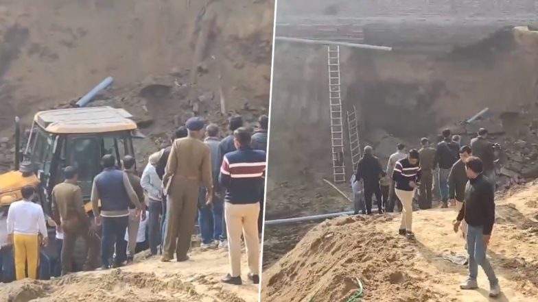 Gurugram Wall Collapse: Five Workers Fear Trapped After Temple Wall Collapses (Watch Video)