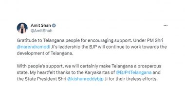 Telangana Assembly Elections 2023 Results: Home Minister Amit Shah Extends Gratitude to Voters, Vows BJP's Continued Development Efforts