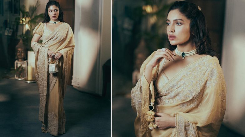 Bhumi Pednekar Exudes Royalty in Beige Golden Saree Paired With Layered Pearl Necklace (View Pics)