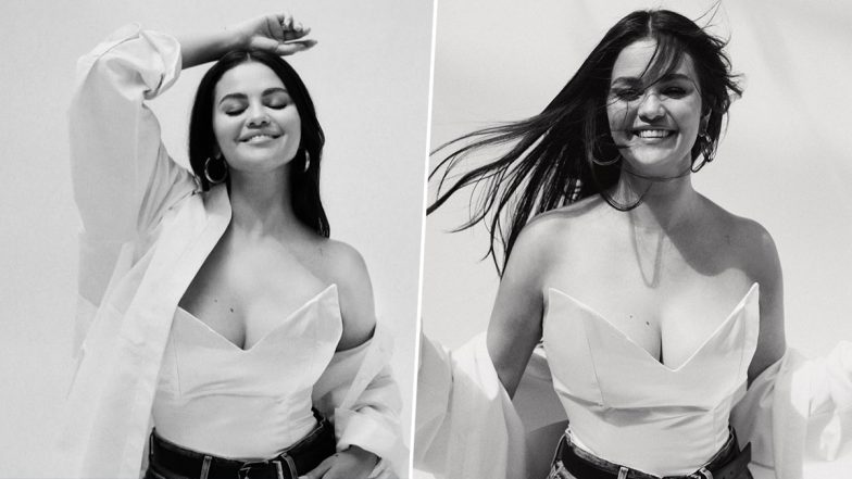 Selena Gomez Radiates Joy in a White Corset Tube Top Paired With Jeans and Matching Jacket (View Pics)