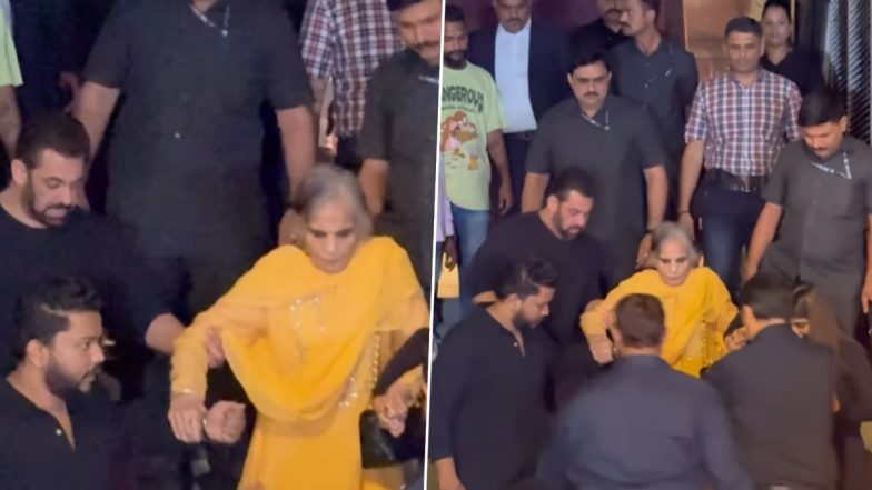 Salman Khan is Quite a Mama's Boy as Tiger 3 Star Escorts Salma Khan to Her Car Post Sohail Khan's Birthday Party (Watch Video)