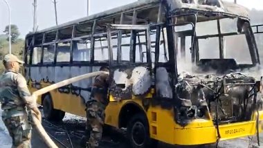 Madhya Pradesh Bus Fire Video: School Bus Catches Fire in Jabalpur; All 36 Students, Four Teachers Unhurt