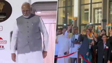 PM Narendra Modi Arrives at Dubai Airport Ahead of World Climate Action Summit, Excited Members of Indian Diaspora Sing ‘Saare Jahan Se Achha' (Watch Videos)