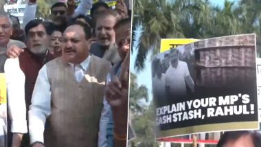 Dhiraj Sahu IT Raids: BJP Chief JP Nadda Leads Protest by Party MPs After Over Rs 3,000 Crore Cash Recovered From Congress Leader’s  Premises in IT Raids in Odisha (Watch Videos)