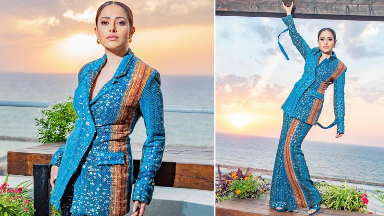 Nushrratt Bharuccha Radiates Glamour in Sparkly Turquoise Blue Pantsuit With Orange Accents and Sleek Ponytail – See Pics!