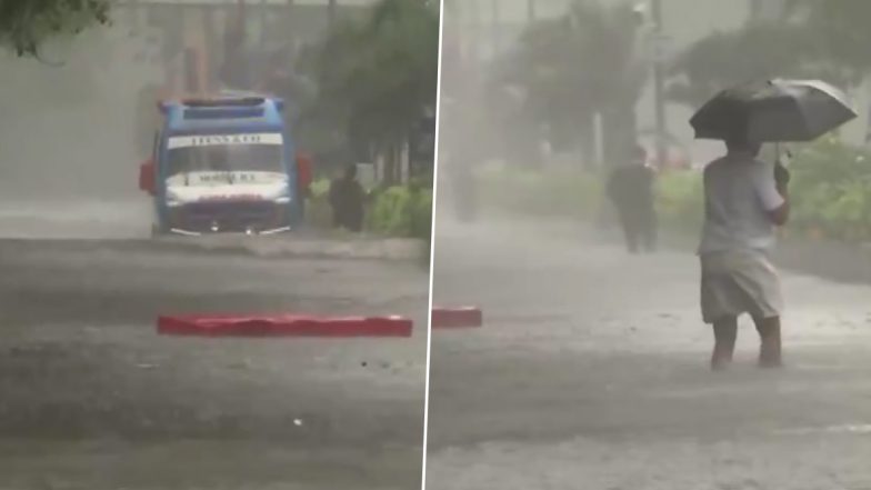 Tamil Nadu Rains: Ambulance Wades Through Waterlogged Street in Chennai As Cyclone Michaung Triggers Heavy Rainfall in City (Watch Video)