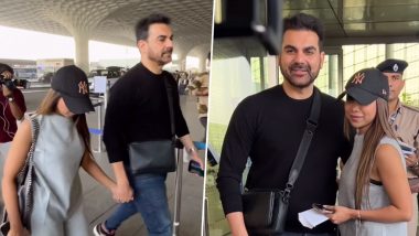 Newlyweds Arbaaz Khan and Sshura Khan Spotted Walking Hand in Hand at Mumbai Airport, Couple Jet Off to Undisclosed Location (Watch Video)