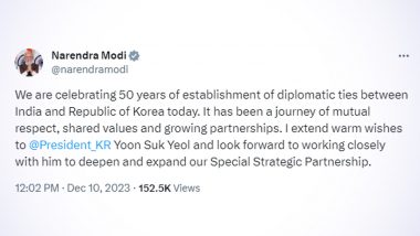 'A Journey of Mutual Respect and Shared Values', Says PM Narendra Modi As India and South Korea Celebrate 50 Years of Diplomatic Ties