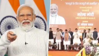 PM Narendra Modi Virtually Hands Over Cheques Worth Rs 224 Crore Dues of Hukumchand Mill Workers in Madhya Pradesh’s Indore (Watch Video)